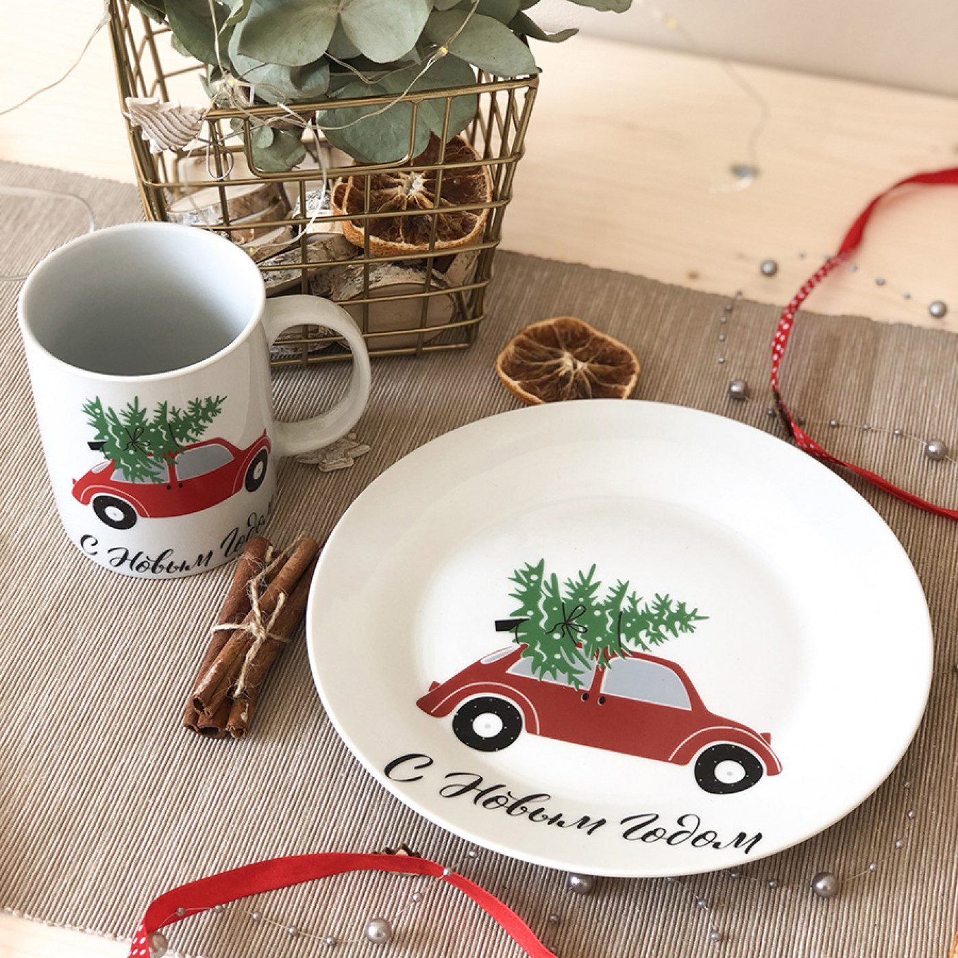 Набор фарфоровой посуды Christmas Car 2 в 1