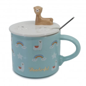 Кружка с крышкой и ложкой Лама зеленая
