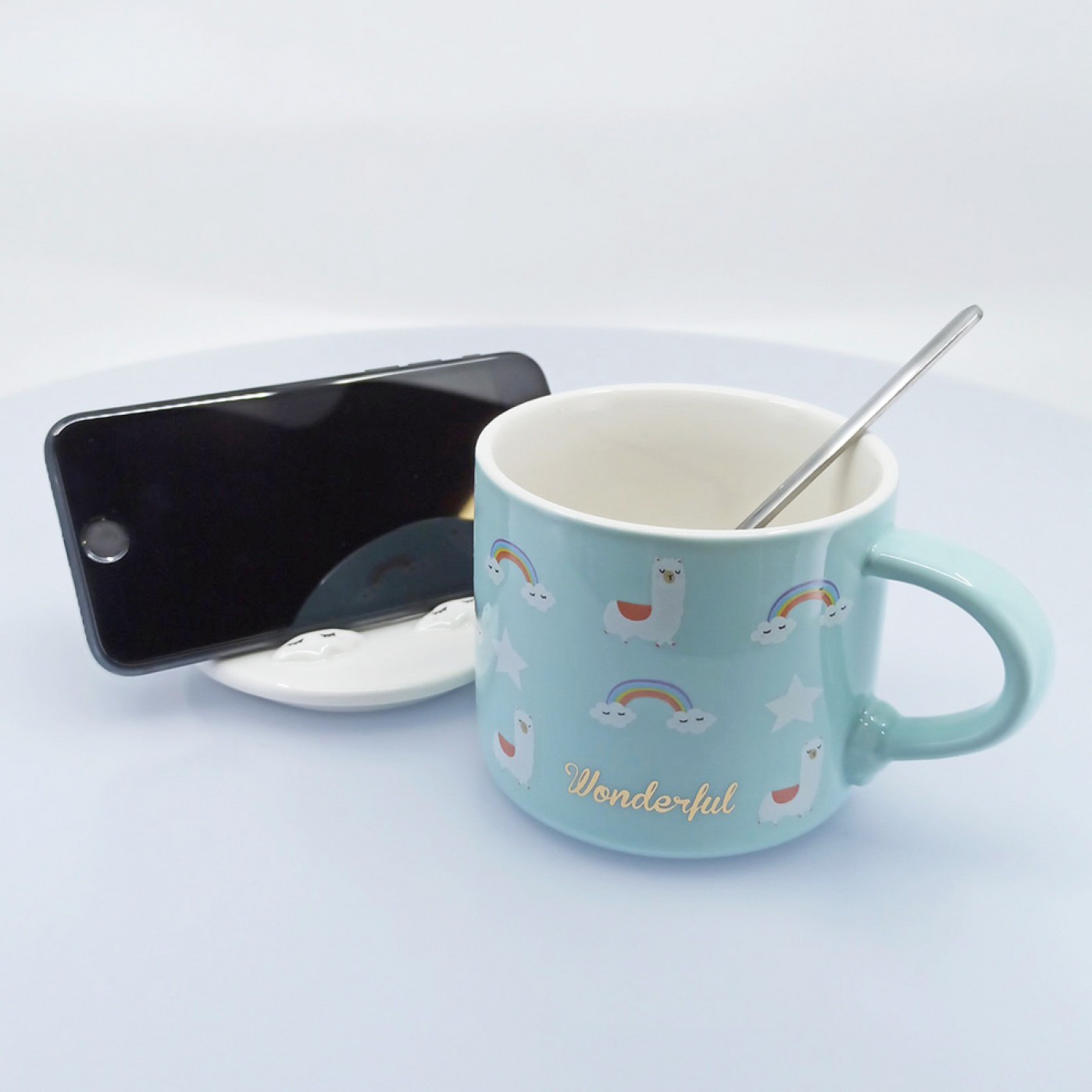 Кружка с крышкой и ложкой Лама зеленая