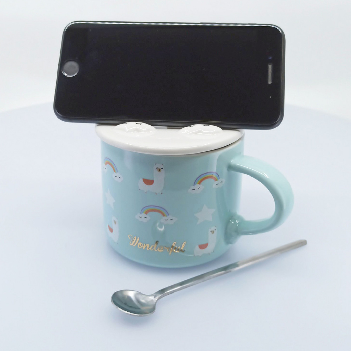 Кружка с крышкой и ложкой Лама зеленая