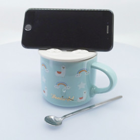 Кружка с крышкой и ложкой Лама зеленая-2