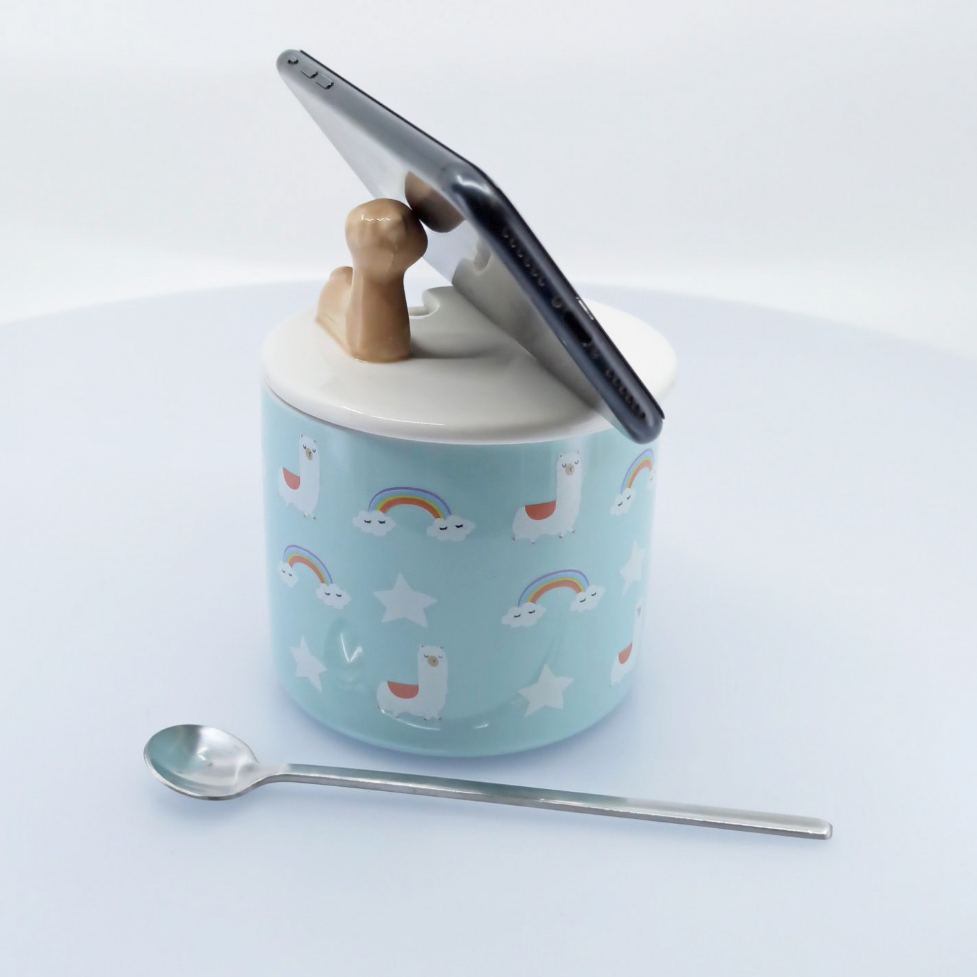 Кружка с крышкой и ложкой Лама зеленая