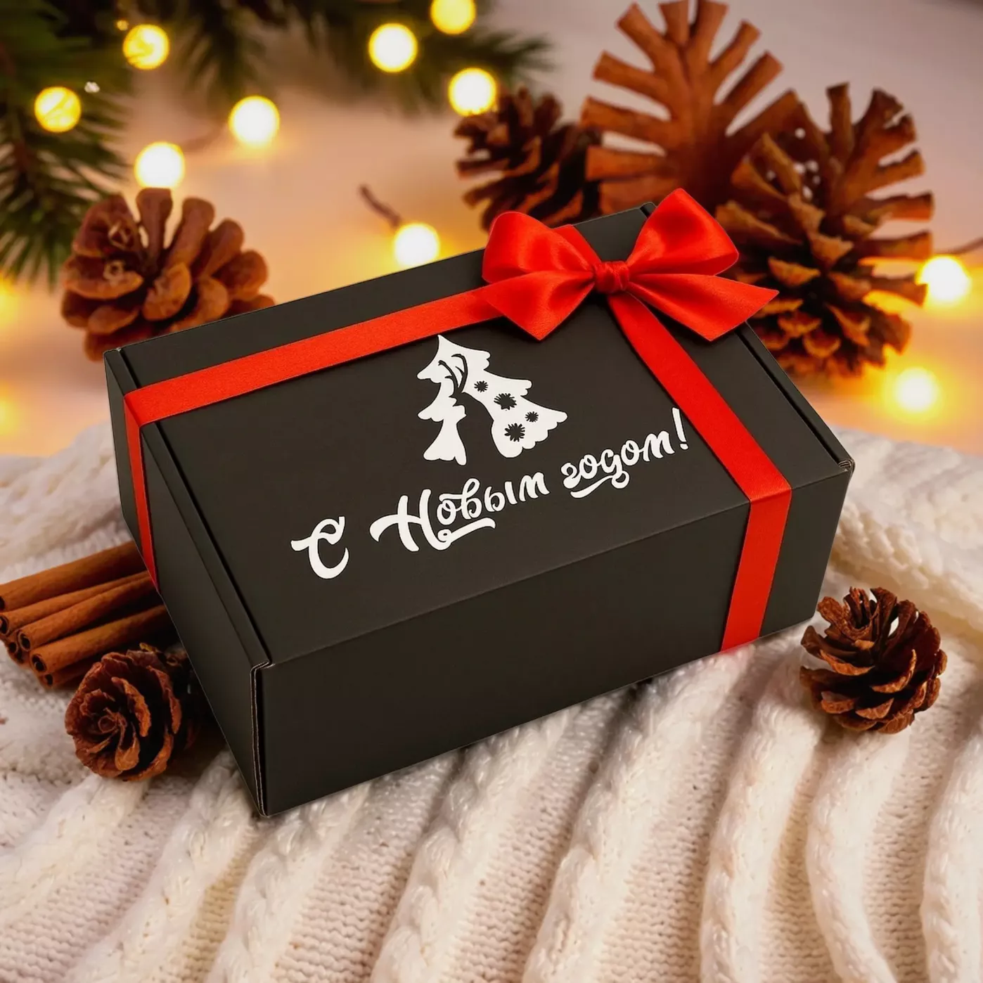 Черная новогодняя подарочная коробка с лентой на выбор