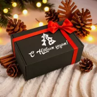 Черная новогодняя подарочная коробка с лентой