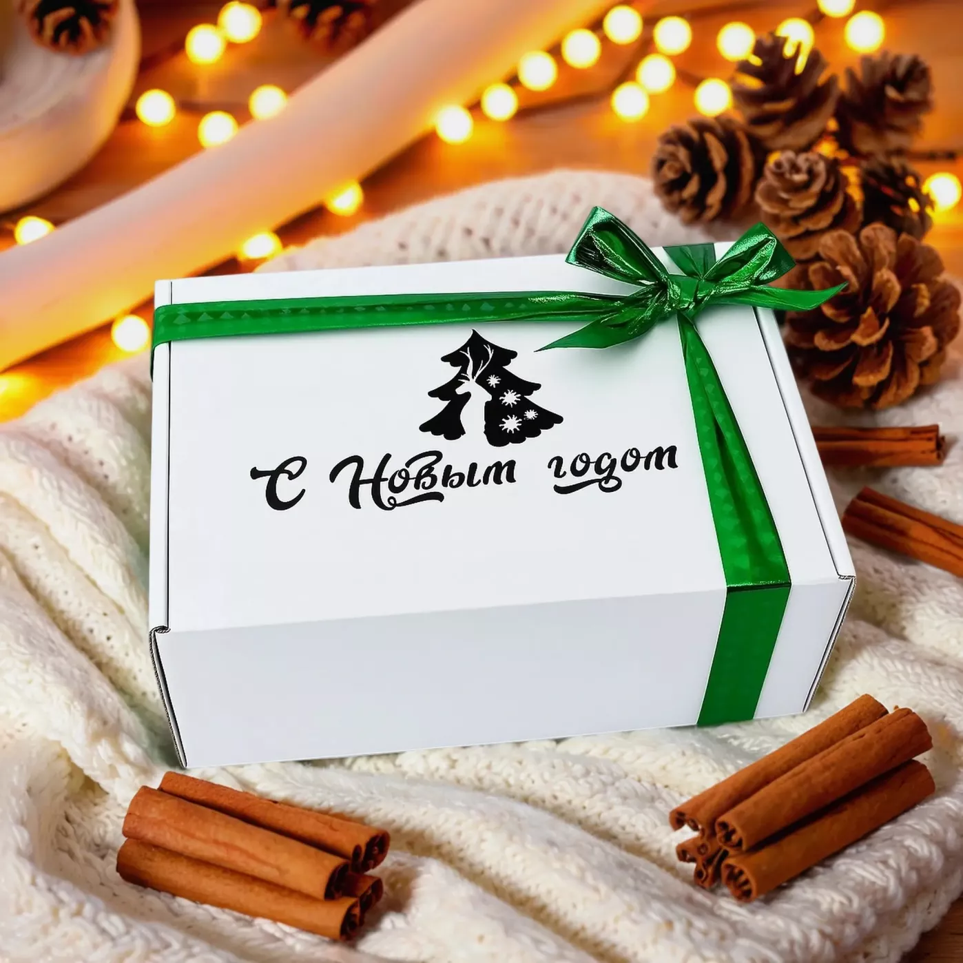Белая новогодняя подарочная коробка с лентой на выбор