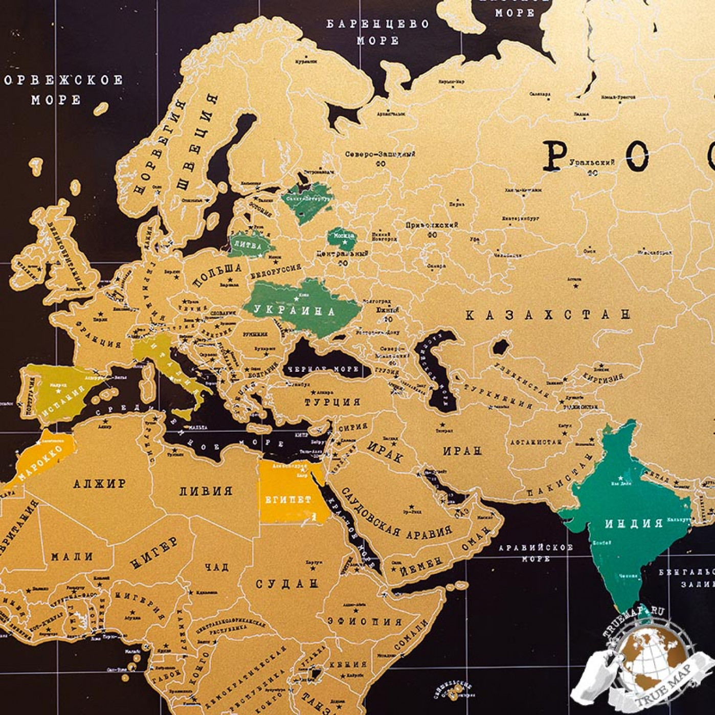 Truemap Black в рамке - черная скретч карта мира Deluxe Truemap Black в рамке - черная скретч карта мира Deluxe
