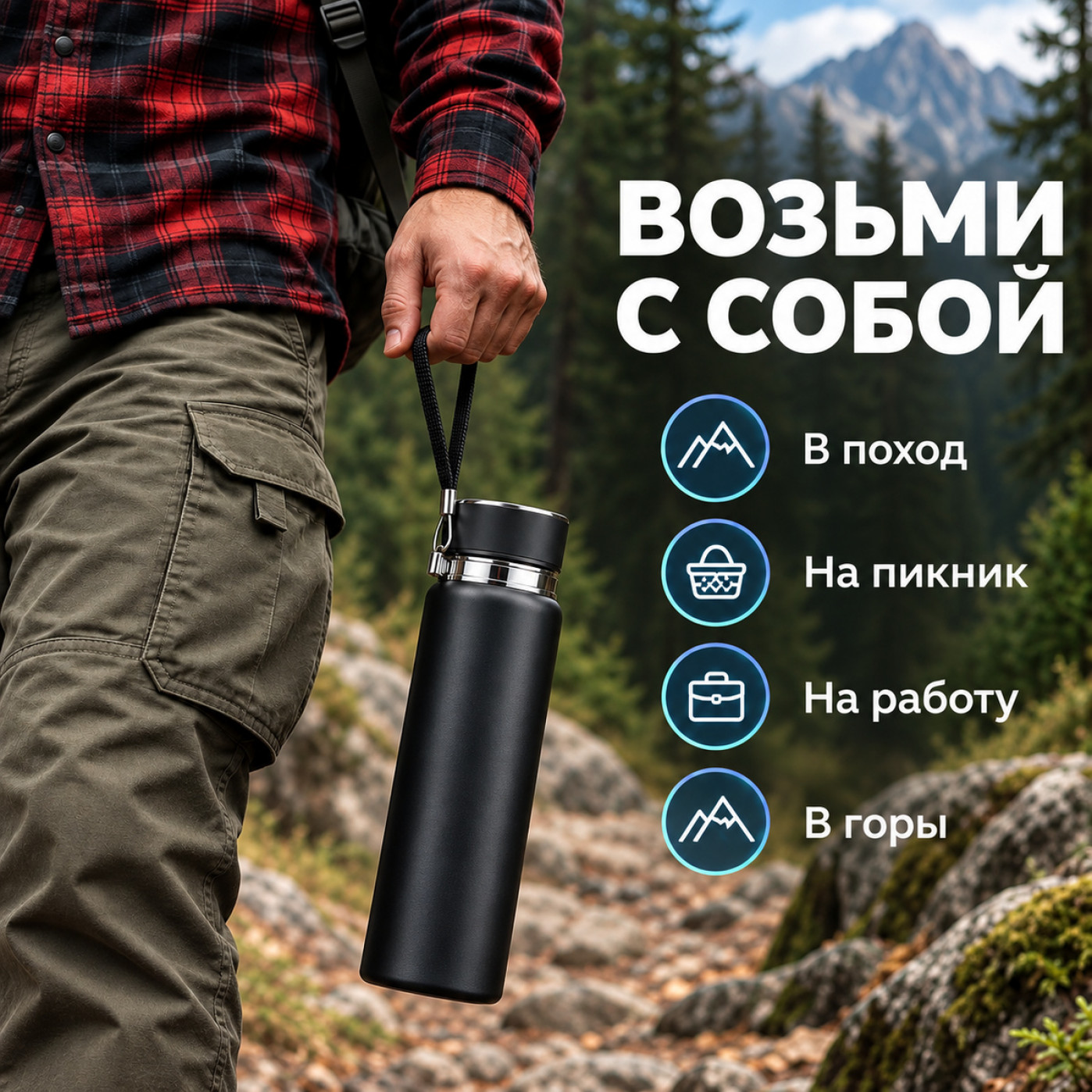 Термос 800 мл. черный - герметичный, из нержавеющей стали, для дома и поездок