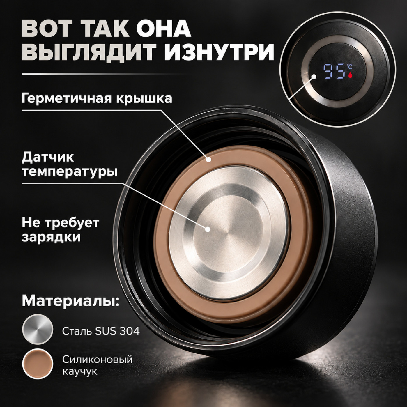 Термос 800 мл. черный - герметичный, из нержавеющей стали, для дома и поездок