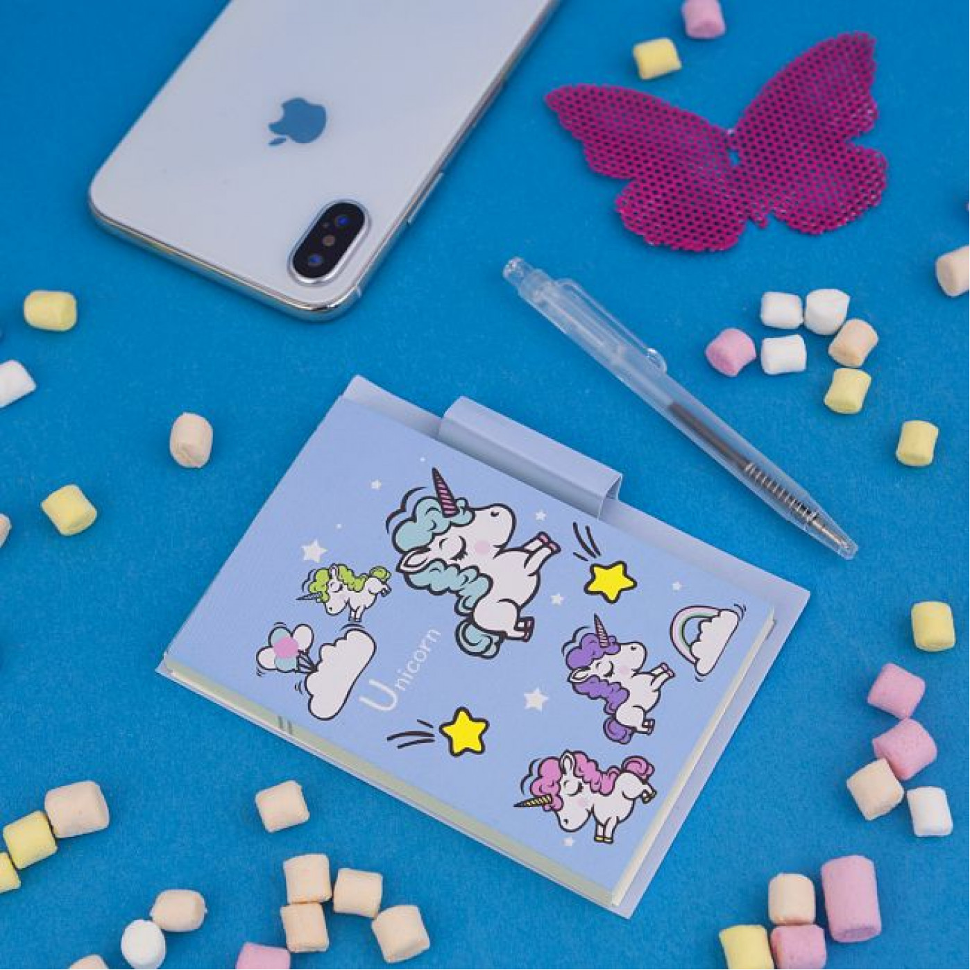 Мини-блокнот с ручкой Единорожка голубой