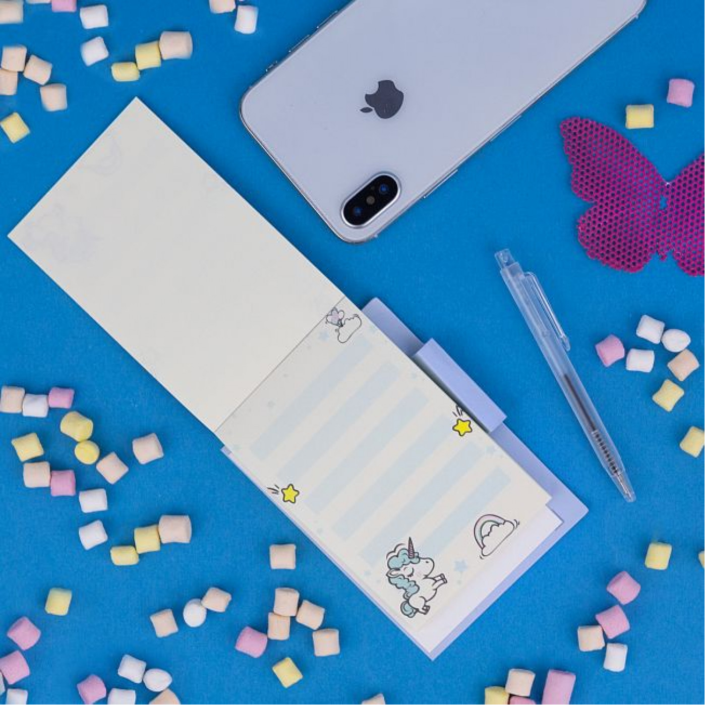 Мини-блокнот с ручкой Единорожка голубой