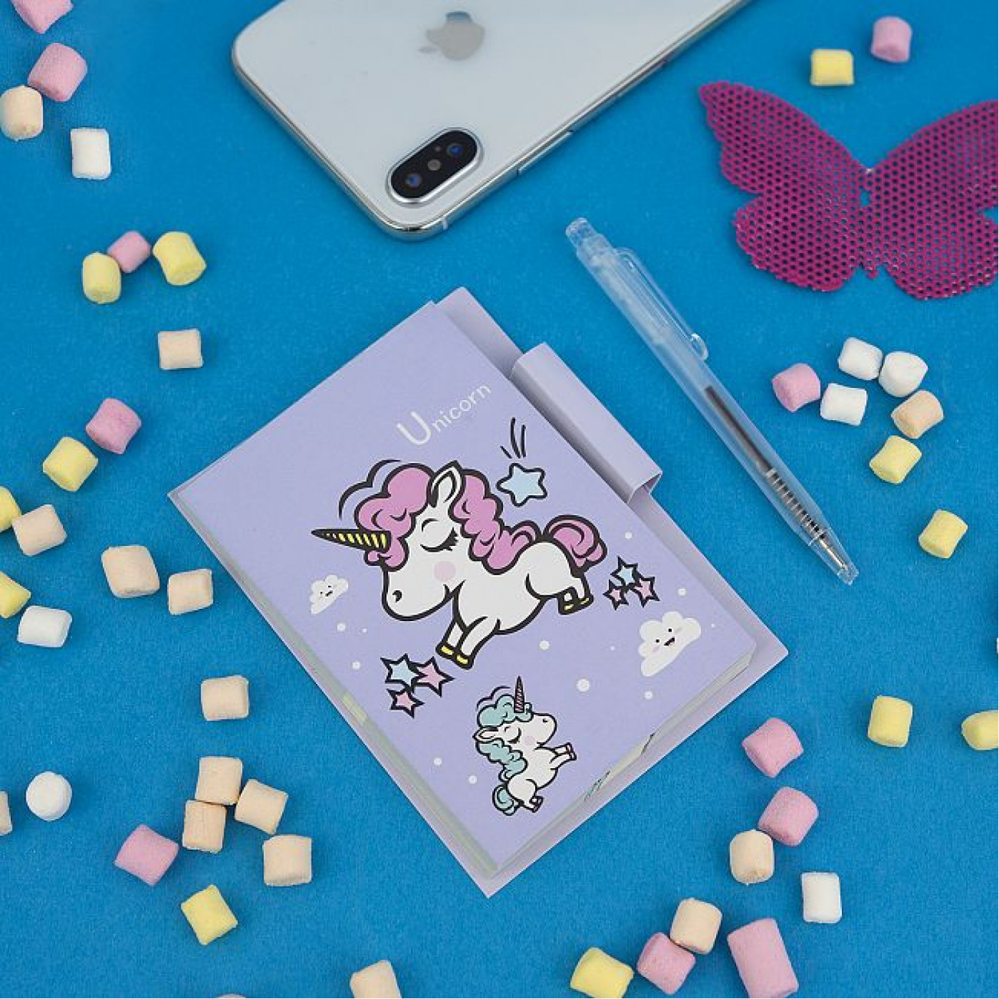 Мини-блокнот с ручкой Единорожка лиловый