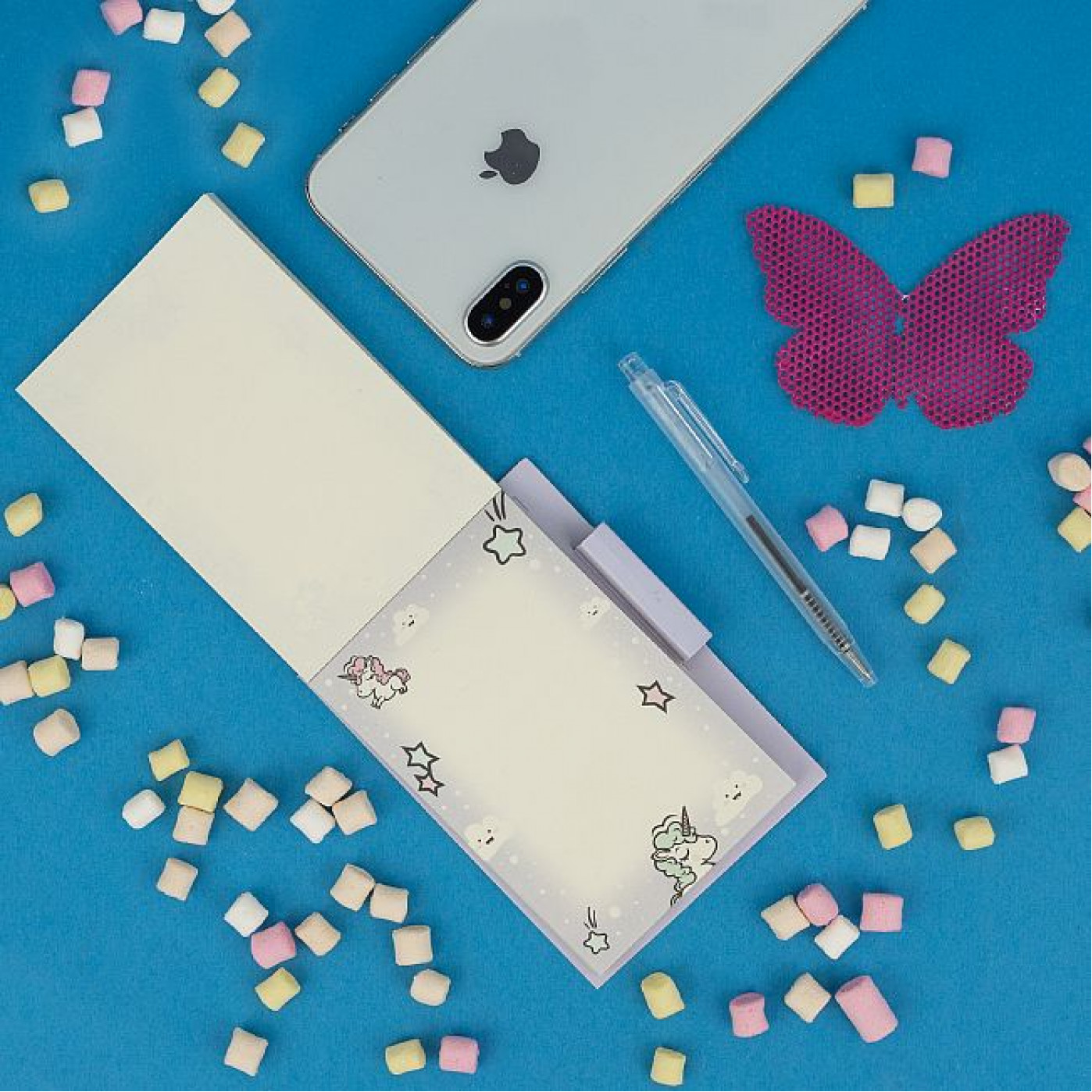 Мини-блокнот с ручкой Единорожка лиловый