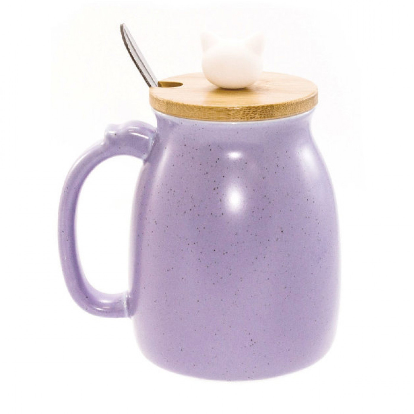 Кружка с крышкой и ложкой Котик с клубком фиолетовый