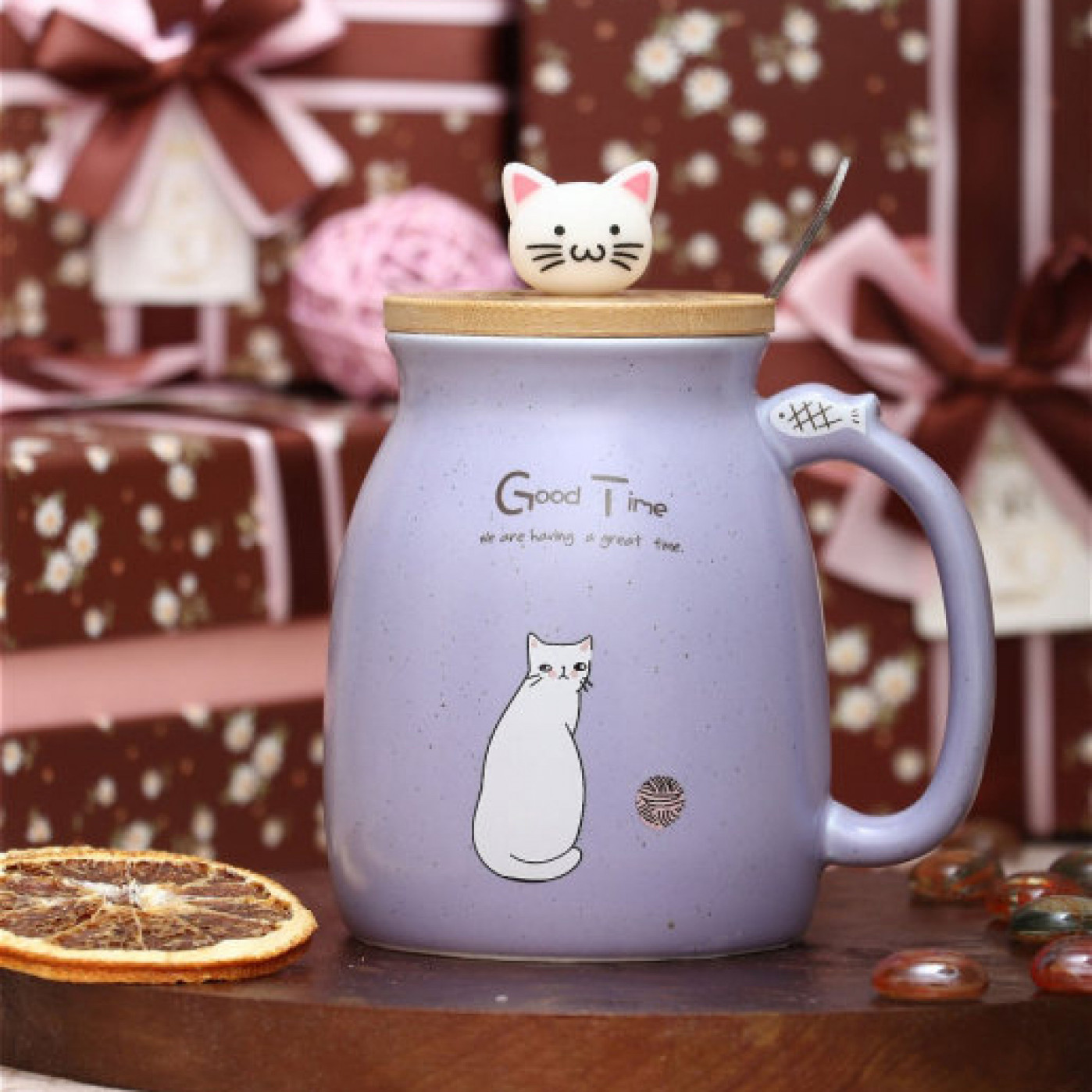 Кружка с крышкой и ложкой Котик с клубком фиолетовый