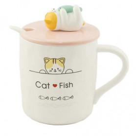 Кружка с крышкой и ложкой Котик с рыбкой