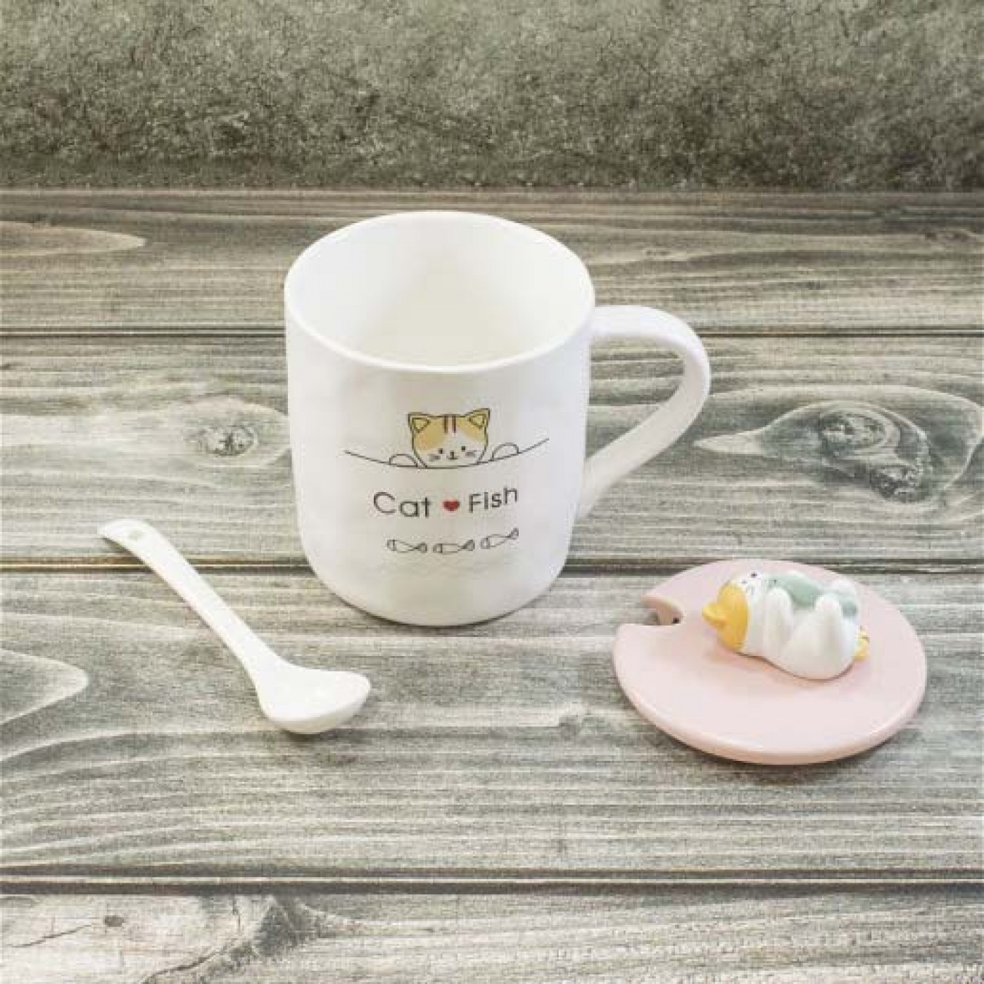 Кружка с крышкой и ложкой Котик с рыбкой