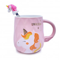 Кружка с ложкой Крылатый единорог розовый