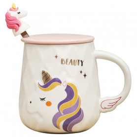 Кружка с крышкой и ложкой Крылатый единорог белый