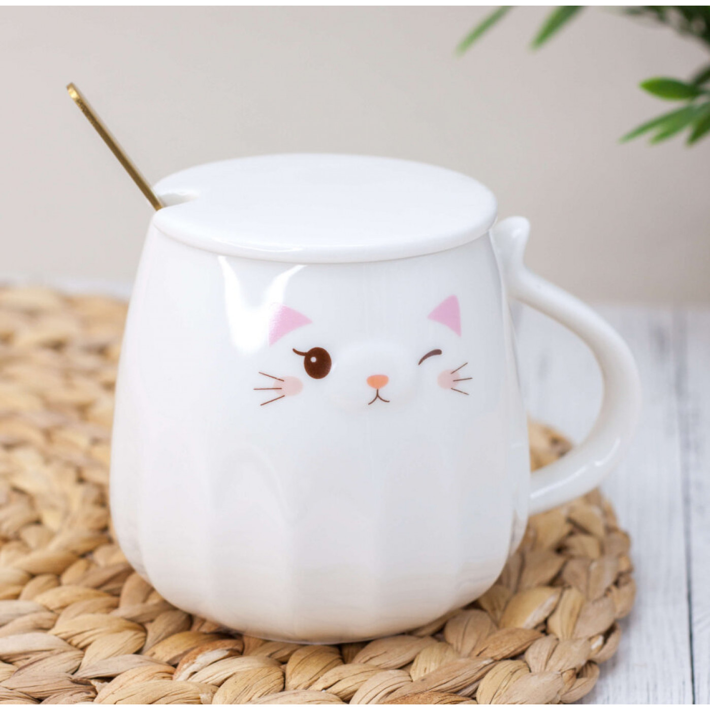 Керамическая кружка подмигивающий котик с ложкой и крышкой