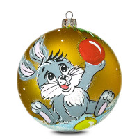 Новогодний елочный шар ручной работы Зайка с игрушкой 10 см.