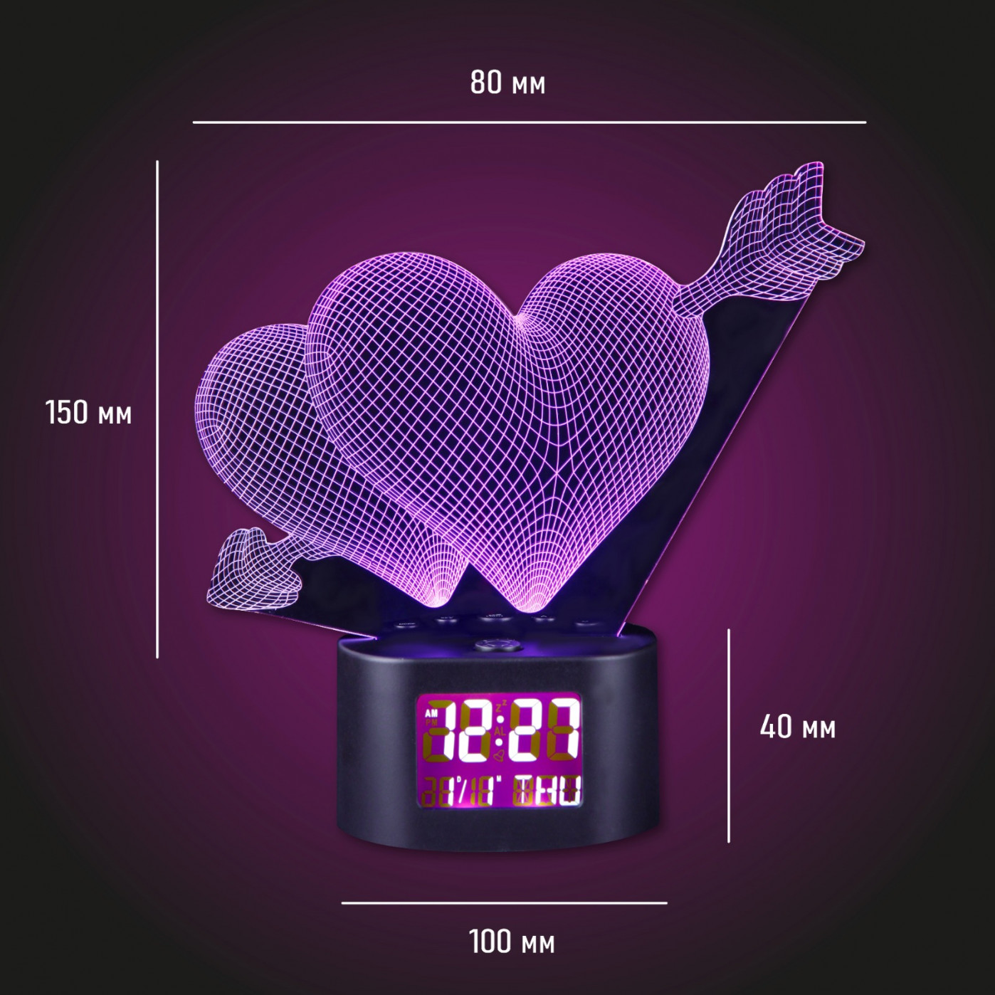 3D Ночник с будильником Сердца
