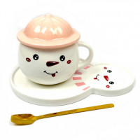 Кружка с блюдцем Снеговик розовый