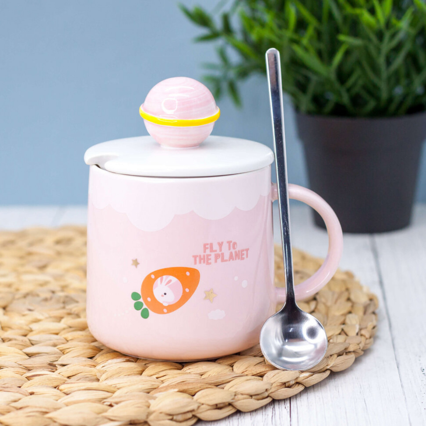 Кружка с крышкой и ложкой Fly to the planet