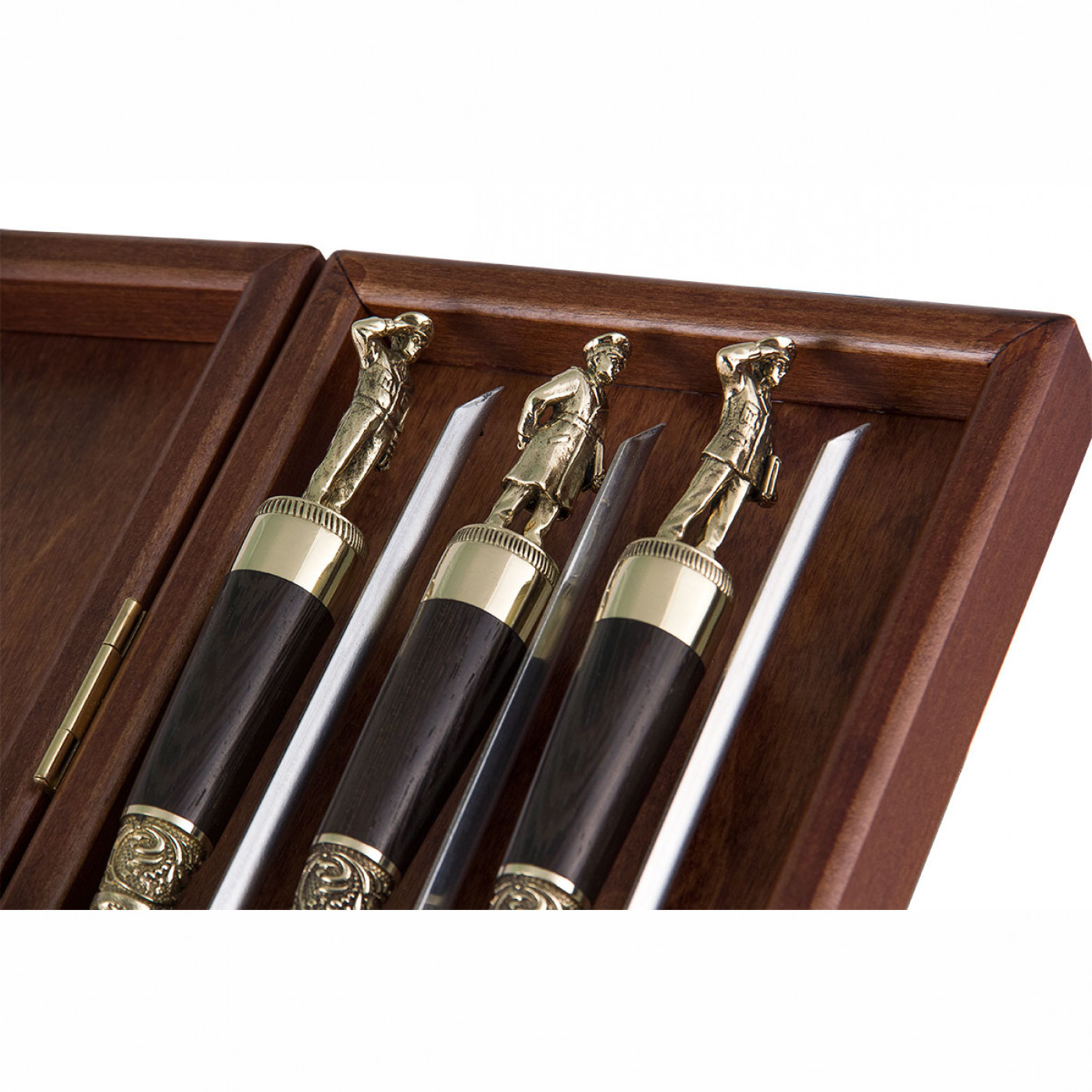 Набор шампуров "ФСБ" в деревянном кейсе с фигурками из латуни, 6 шампуров (6 вариантов навершия)