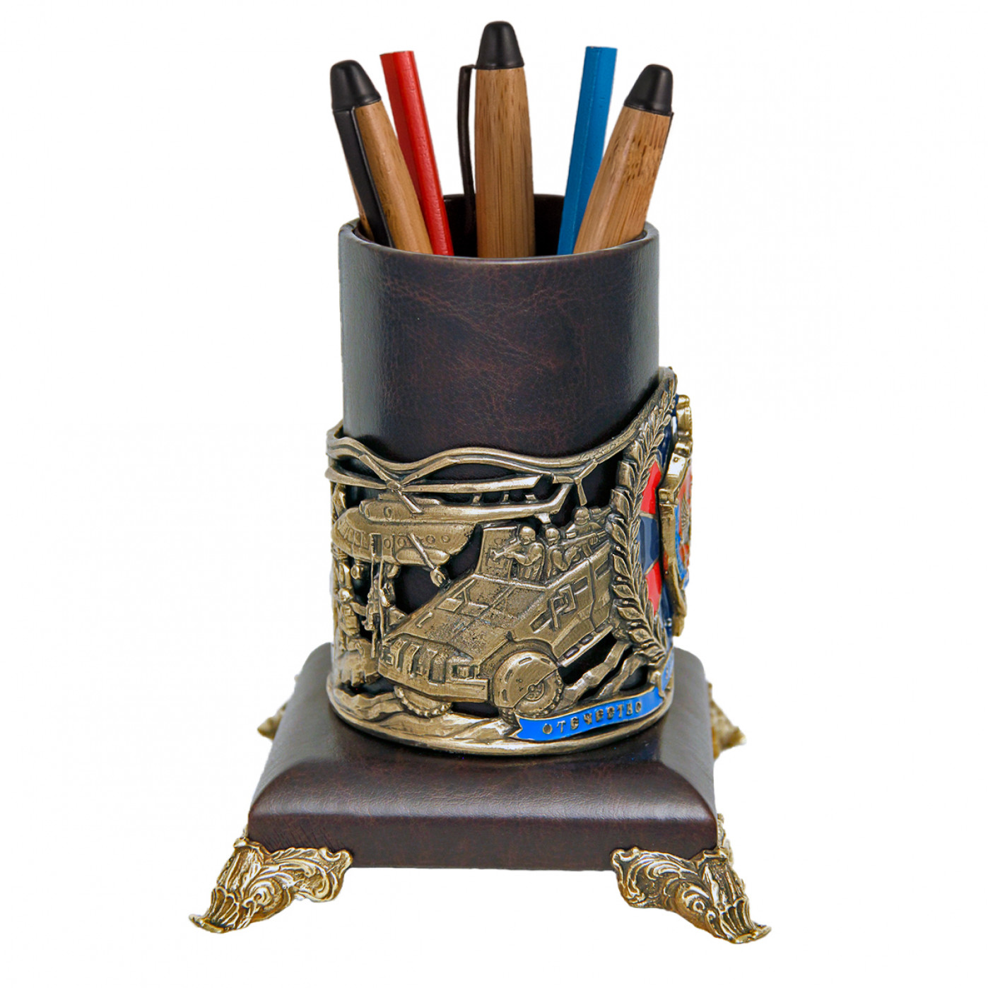 Стакан для письменных принадлежностей "ФСБ" из натуральной кожи с бронзовым подстаканником, эмаль
